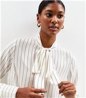 Women's White Stripe Print Pussybow Blouse New Look