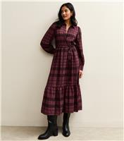 Women's Burgundy Checked Midi Shirt Dress New Look