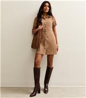 Women's Camel Button Through Corduroy Mini Dress New Look