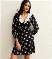 Women's Black Floral Print Frill Neck Mini Dress New Look
