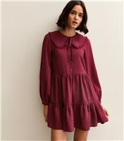 Women's Dark Burgundy Collared Long Sleeve Mini Dress New Look