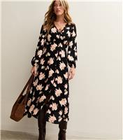 Women's Black Floral Print Lace Trimmed Midi Dress New Look