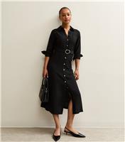 Women's Petite Black Long Sleeve Midi Belted Shirt Dress New Look