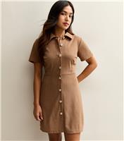 Women's Petite Camel Corduroy Button Through Mini Dress New Look
