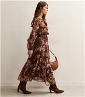 Women's Petite Brown Floral Chiffon Ruffle Trim Midi Dress New Look
