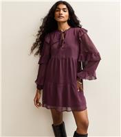 Women's Petite Purple Ruffle Chiffon Long Sleeve Mini Dress New Look