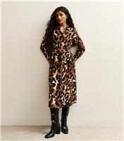 Women's Petite Brown Animal Print Belted Shirt Midi Dress New Look