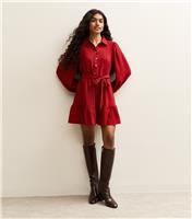 Women's Petite Red Tiered Belt Shirt Mini Dress New Look