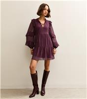 Women's Burgundy Ruffle Trim Chiffon Tiered Mini Dress New Look