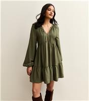 Women's Khaki Long Sleeve Smock Mini Dress New Look