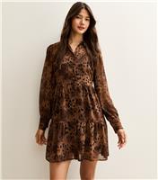Women's Brown Leopard Print Tiered Chiffon Mini Dress New Look