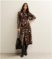 Women's Brown Leopard Print Long Sleeve Shirt Dress New Look
