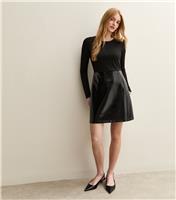 Women's Black Long Sleeve Jersey and Vinyl Mini Dress New Look
