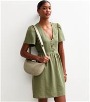 Women's Dark Khaki Flutter Sleeve V-Neck Mini Dress New Look