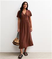 Women's Brown Flutter Sleeve Button Up Midi Dress New Look