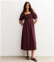 Women's Burgundy Puff Sleeve Milkmaid Midi Dress New Look