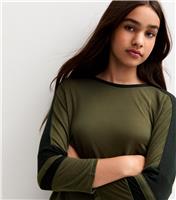 Girls' Dark Khaki Crop Sleeve Panelled Top New Look