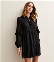 Women's Black Ruffle Trimmed Tie Neck Chiffon Mini Dress New Look