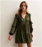 Women's Khaki Ruffle Trimmed Tie Neck Chiffon Mini Dress New Look