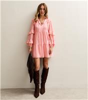 Women's Pink Ruffle Trimmed Tie Neck Chiffon Mini Dress New Look