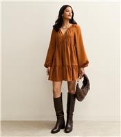 Women's Camel Tie Neck Tiered Mini Dress New Look
