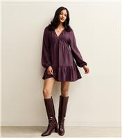 Women's Dark Purple Tie Neck Tiered Mini Dress New Look