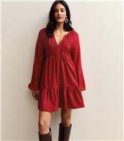 Women's Red Tie Neck Tiered Mini Dress New Look