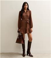 Women's Brown Tiered Hem Belted Mini Shirt Dress New Look