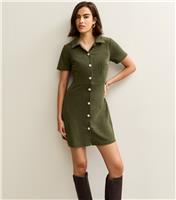 Women's Dark Khaki Button Through Corduroy Mini Dress New Look