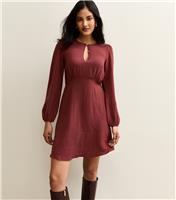 Women's Burgundy Keyhole Neck Long Sleeve Mini Dress New Look