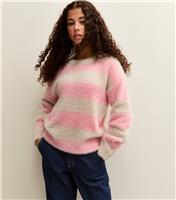 Girls' Pink and Cream Fluffy Striped Jumper New Look