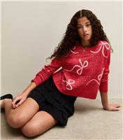 Girls' Red Patterened Bow Jumper New Look