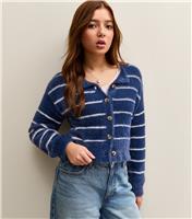 Girls' Blue Fluffy Striped Cardigan New Look