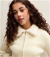 Girls' Cream Faux Fur Collar Cardigan New Look