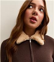 Girls' Dark Brown Faux Fur Collar Cardigan New Look