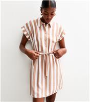 Women's Brown Striped Tie Waist Mini Shirt Dress New Look