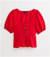 Women's Red Textured Button Up Peplum Top New Look