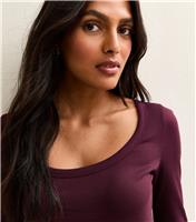 Women's Dark Burgundy Scoop Neck Long Sleeve Ribbed Top New Look