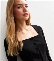 Women's Black Square Neck Button Up Long Sleeve Top New Look