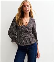 Women's Tall Black Floral Print Crepe V-Neck Tea Top New Look