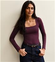 Women's Dark Burgundy Slinky Square Neck Long Sleeve Bodysuit New Look