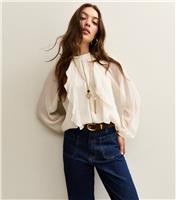 Women's Off White Ruffle Trimmed Lace Insert Long Sleeve Top New Look