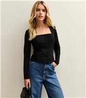 Women's Petite Black Square Neck Button Front Top New Look