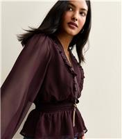 Women's Burgundy V-Neck Shirred Waist Peplum Hem Blouse New Look