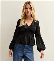Women's Petite Black Floral Jacquard Semi Sheer Peplum Blouse New Look