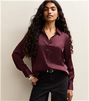 Women's Petite Burgundy Satin Long Sleeve Shirt New Look