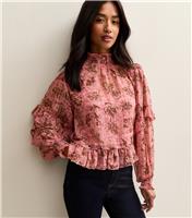 Women's Petite Pink Floral Print Ruffle Frill Blouse New Look
