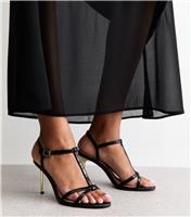 Women's Black Faux Leather T-Bar Metallic Heel Stiletto Sandals Vegan New Look