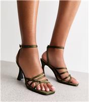 Women's Dark Green Macrame Knot Detail Satin Sandals Vegan New Look
