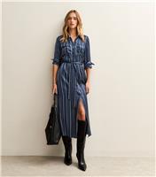 Women's Blue Satin Striped Midi Shirt Dress New Look